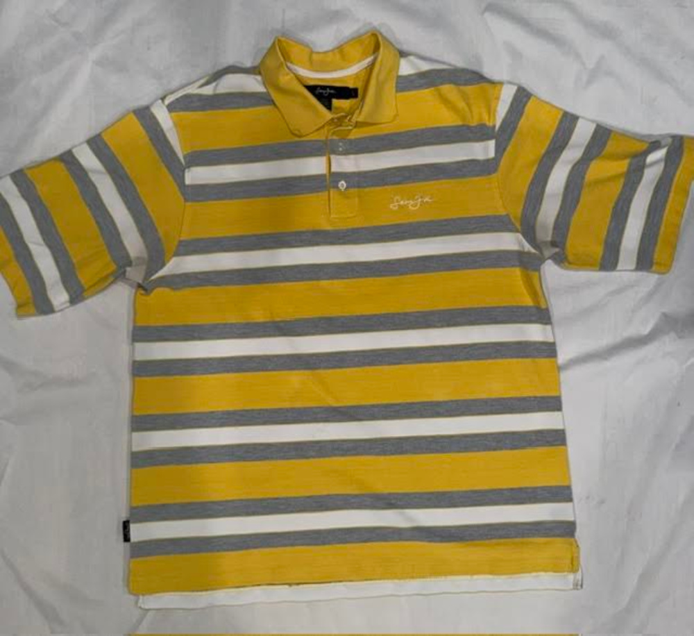 Vintage Sean John Striped Polo Shirt Yellow Gray White Men's Size L